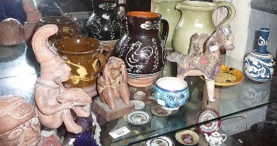 Assorted pottery inc. Iznik bowl, Aztec figures, slipware tyg (A/F), a Kew Gardens green glazed