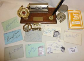 Autographs inc. Morecambe and Wise, The Beverly Sisters, Benny Hill, etc. Desk calendar, WW2