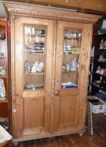 Victorian pine tall two-door cupboard with glazed doors, 6'4" tallx 53" wide