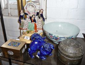 Japanese teapot, Chinese blue glazed foo dog and a Chinese brass and enamel box (broken hinge).