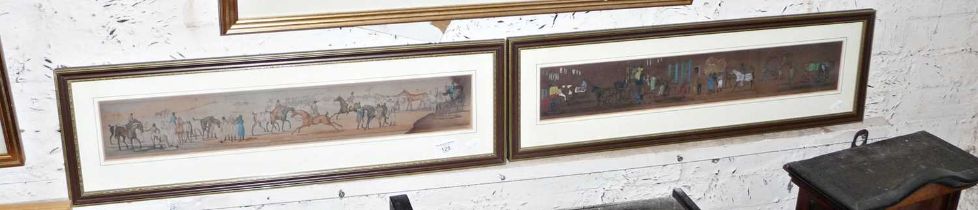 Two hand coloured coaching prints in elongated framed