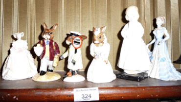 Three Royal Doulton Bunnykins figures, inc. Lollipopman and three other china figurines