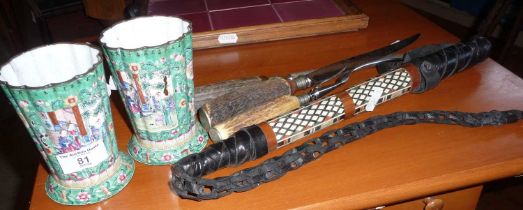 Pair of Chinese enamel beakers, African souvenir baton and a carving set with horn handles