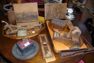 Assorted wooden items including trays, cribbage boards, and a composition trinket box with pug dog