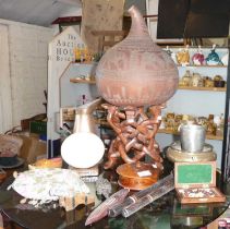 Assorted wooden items, an Ostrich egg, African carved hardwood stand and a large gourd with