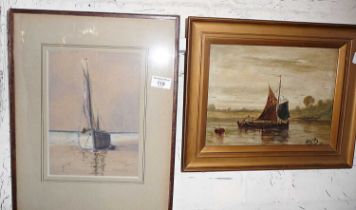 Watercolour of a yacht at low water by J. Vernon-Hunt, and an oil on board of a wherry signed J.