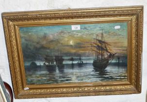 Herkis HUME NISBET (1849-1923), an oil on paper of a moonlit marine scene with sailing ships, 17"