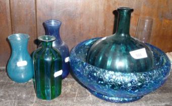 Old green glass bottle, three vases and a bowl