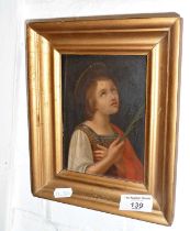 Small gilt framed oil on panel portrait of a girl with a halo