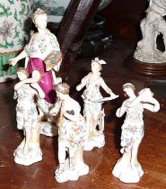 Four German porcelain figurines of lady musicians and a Continental porcelain figurine of a lady