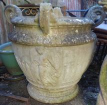 Large two-part stonework garden pot with classical relief, 2'3"