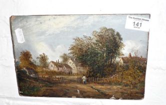 Small oil on panel, 15cm x 22cm, of a rural scene with figure, by John MOORE of Ipswich, 1820-