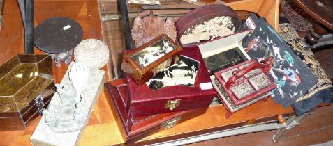 Collection of Chinese & Japanese lacquered jewellery boxes, cork dioramas, and other items