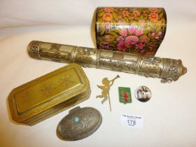 Tibetan scroll case, metal boxes and enamel badges