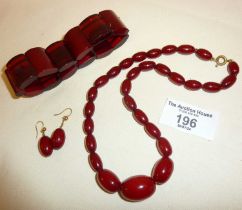 Art Deco cherry amber bakelite bead necklace, panel bracelet and earrings. Necklace approx. 40cm