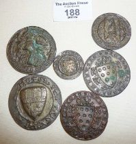 Old bronze heraldic/family crest medallion seals and a two-part wax die