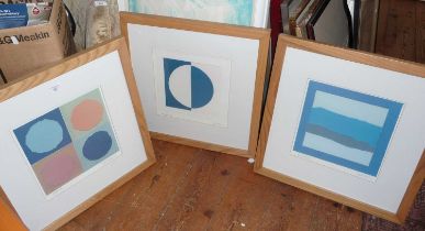 Three framed abstract colour lithos by Roy Speltz, American, and another print