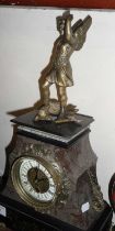 French ormolu mounted and shaped marble mantle clock having brass and enamel dial surmounted by