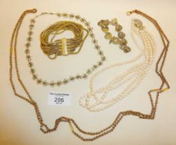 Grosse snake chain bracelet marked as 1958, antique gold filled guard or muff chain, pearl necklace,