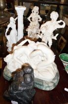 Romeo & Juliet porcelain candlestick, four various resin figurines