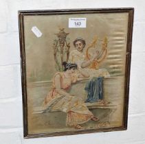 Victorian silkwork romantic picture of a Roman lady being serenaded by a lyre player