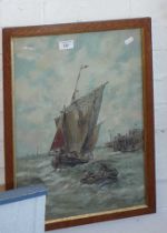 Marine oil of sailboats in a harbour with lighthouse, in oak frame, 22" x 26"