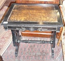 Victorian ebonised table having lyre end supports