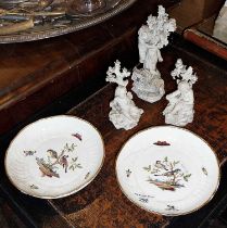 Two Meissen dishes and three Continental bisque figurines (A/F)