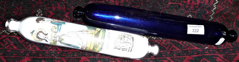 Bristol blue glass "Sailor's Friend" rolling pin and a Victorian similar with inside colour print