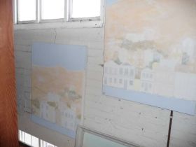 Three contemporary large oils on canvas of landscapes with buildings, in pale colours