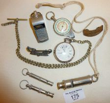 Vintage whistles, pocket watch and chain, badges, etc.