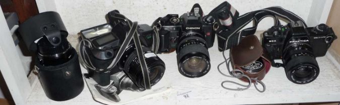 Canon EOS 600 camera, a Chinon CG-5 camera and a Practika BCA electronic