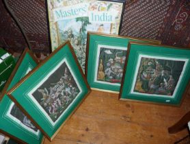 Four Oriental quilted fabric pictures, and a framed poster for Radio 4 serial 'Masters India' by