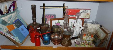 Miscellaneous items including Persian brassware, glassware, oil cans, a Masonic apron etc