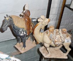 Chinese Tang horse with rider, 30cm tall. Together with a Chinese Tang camel, 27cm