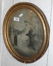 19th c. oval framed mezzotint of woman with children & a beehive