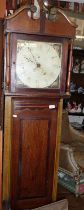 19th c. oak cased 30 hour long case clock with painted 12" dial, 73" tall and swan necked pediment