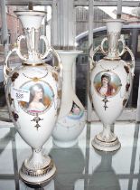 Fine pair of Austrian porcelain vases (14" tall) with two handles and vignette portraits of ladies