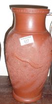 Large Chinese red ware vase with dragons decoration, 31cm tall, impressed character mark to base