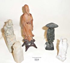 Three Chinese chop seals, a Chinese bronze figure and similar carved wood Immortal