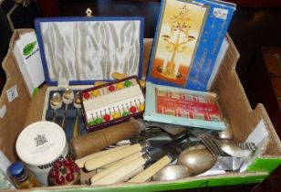 Box of miscellaneous items including cutlery