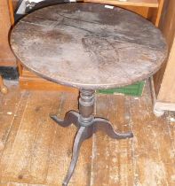 Oak tilt top table with small drawer under and pedestal tripod base