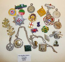 Various vintage enamel badges and sports medallions, etc.