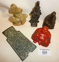 Five various Chinese objects - two buddhas, a bronze figure, small bronze relief plaque and a