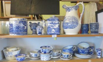 Victorian blue & white transfer printed jardiniere, teapot, water jug, tea cups & saucers etc (