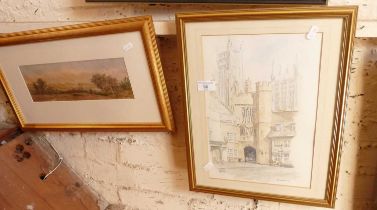 Watercolour of a corner of Wells Cathedral by Rowland W. Hill and a watercolour landscape with
