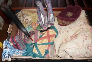 Collection of assorted textiles including Chinese embroidered ladies slippers etc