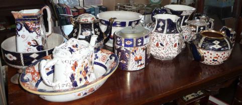 Large collection of Victorian Derby Imari-style & Wadeheath chinaware, inc. biscuit barrel, teapots,
