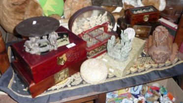 Collection of Chinese & Japanese lacquered jewellery boxes, cork dioramas and other items