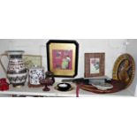 Shelf of assorted items including mid-century china, jug etc
